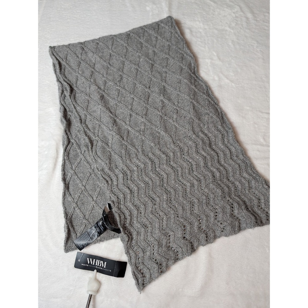 White House Black Market Gray Cashmere Wool Blend Rhinestone Knit Scarf NWT